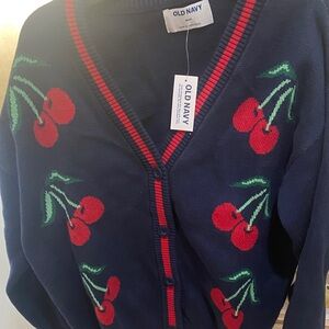 Old Navy Navy Cardigan Sweater with Red Cherry Motif